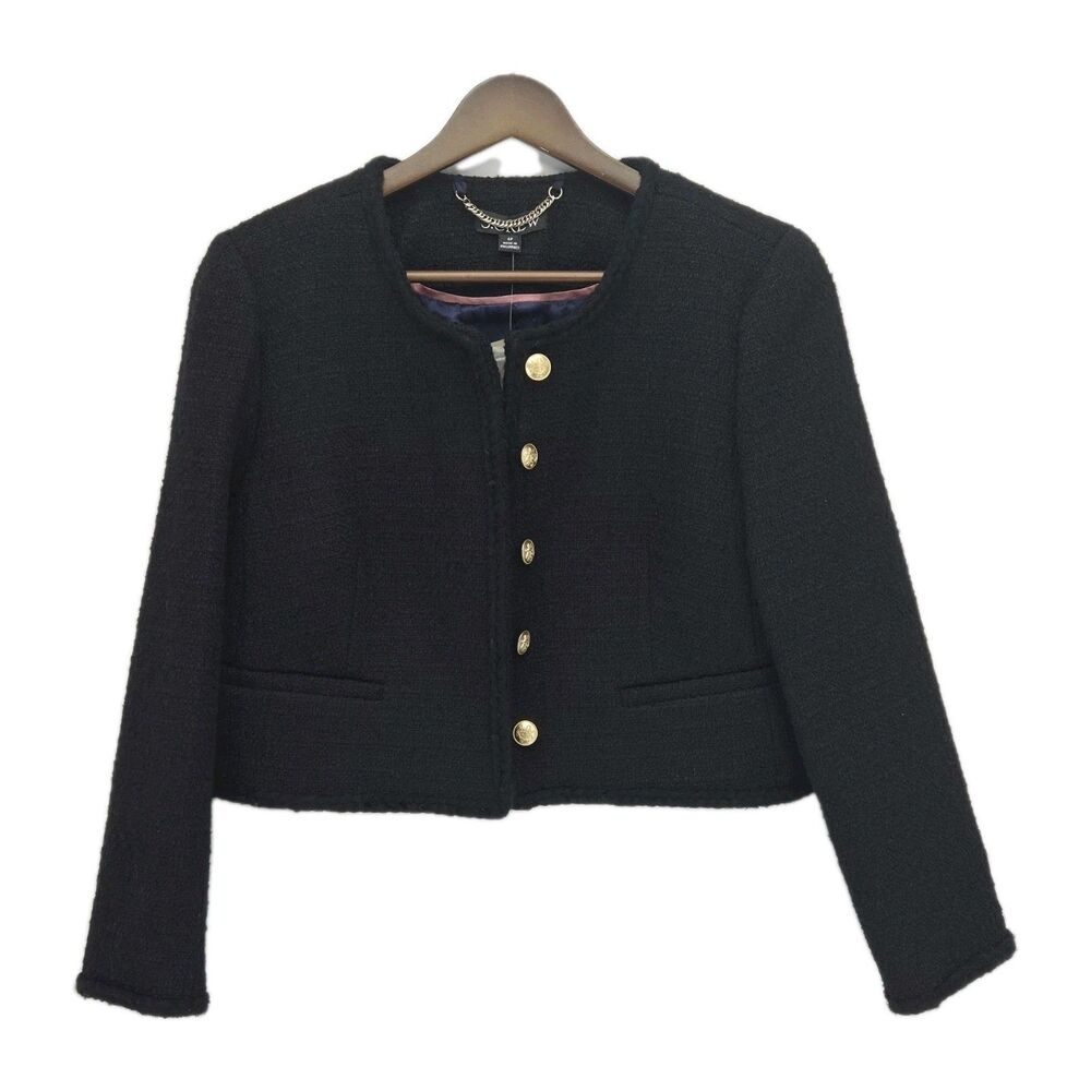 New J Crew Louisa Lady Jacket Black Maritime Tweed Cropped Size 6P Petite